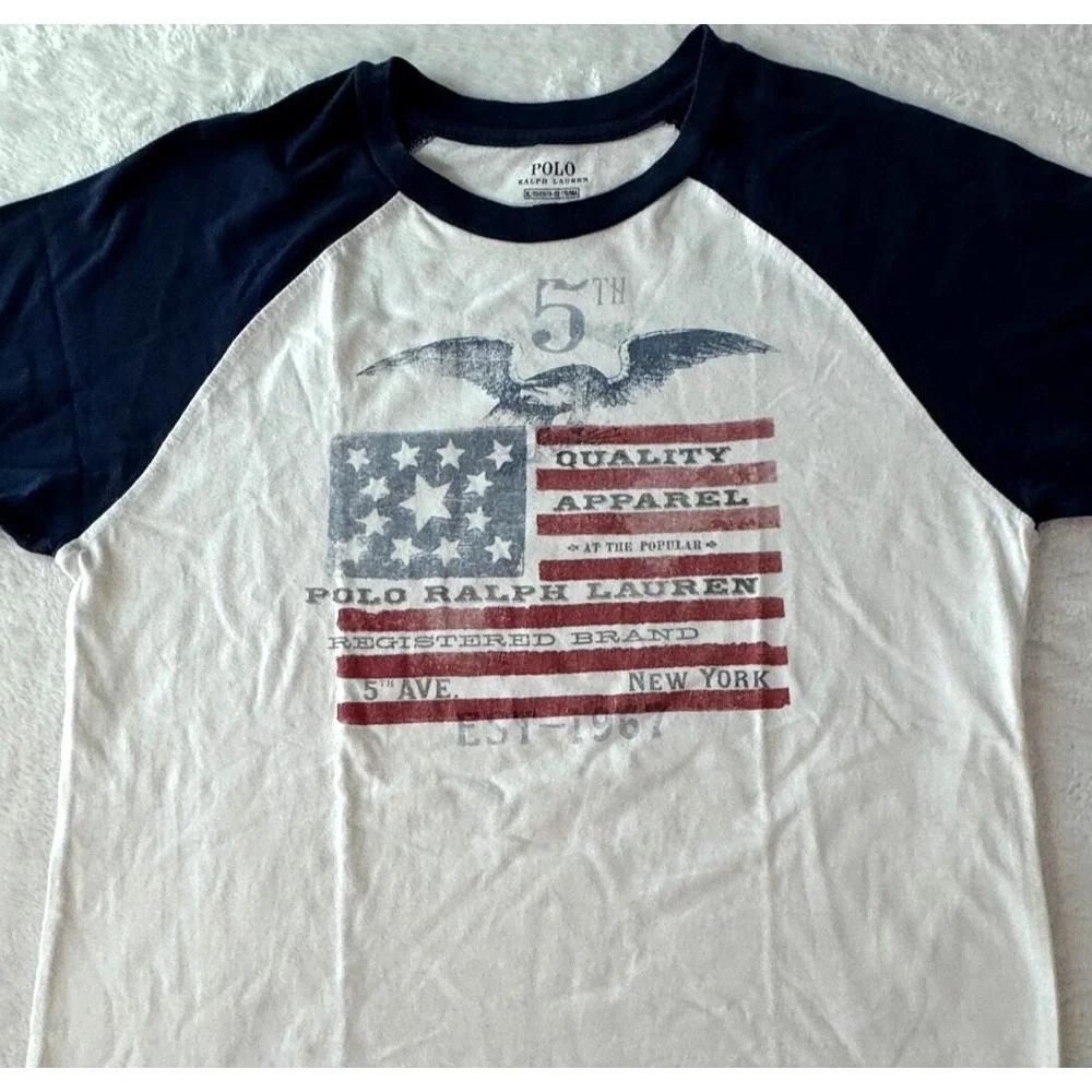 Vtg Polo Ralph Lauren‎ Tshirt Mens *XL* USA Flag Y2K 90s Raglan style Crewneck
